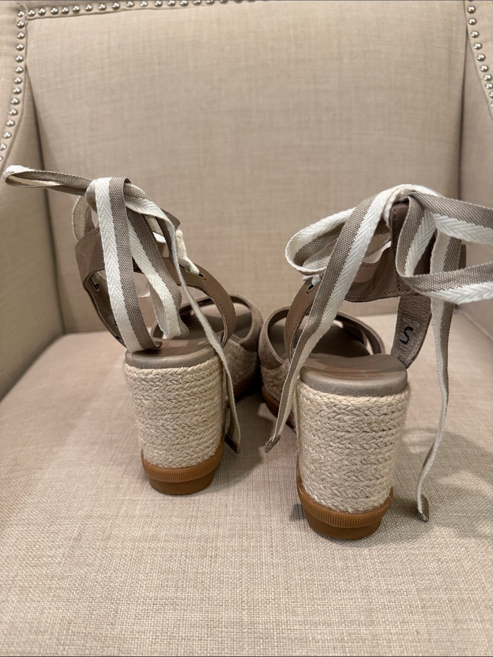 Sorel Taupe and White Espadrille Wedge Sandals with Ankle Wraps - Picture 2 of 4